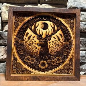Botanical Elk Wood Engraving – Nature Wall Art in Shadow Box Frame